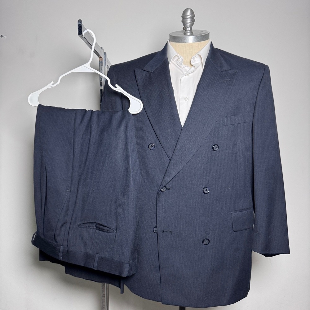 Stafford Executive Suit Mens 44R‎ 40x28 Navy Blue Wool Double Breasted Vintage
